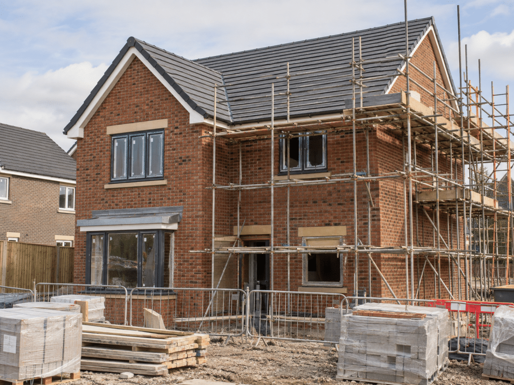 New-build red brick house under construction with scaffolding, building materials and an unfinished entrance on a residential development site.