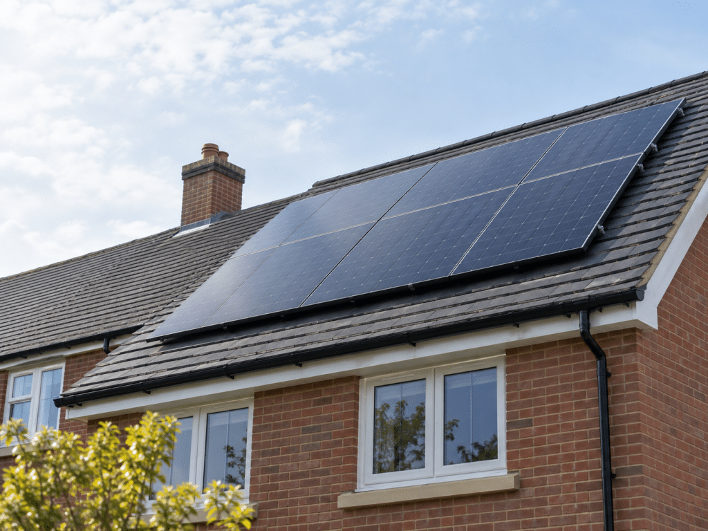 Solar panels installed on the tiled roof of a modern brick house, illustrating residential solar energy and fire protection considerations.