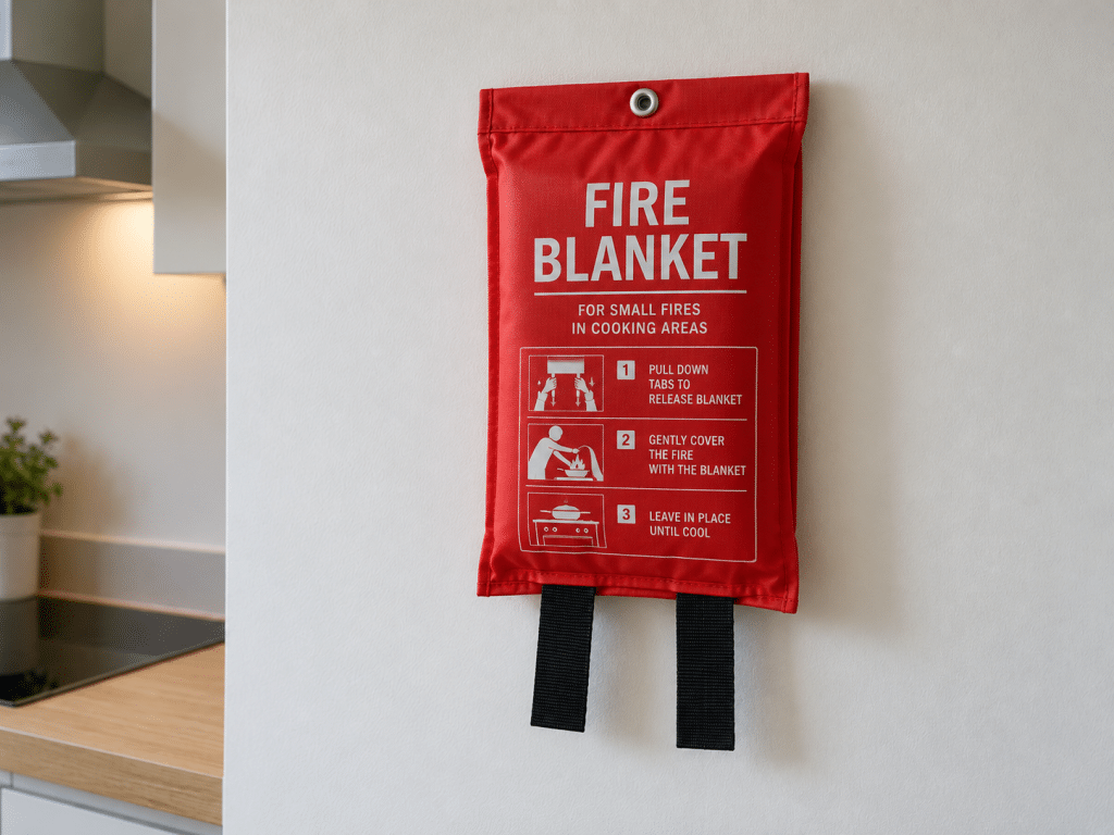 Wall-mounted red fire blanket pouch with clear usage instructions and pull tabs, positioned beside a modern kitchen cooking area.