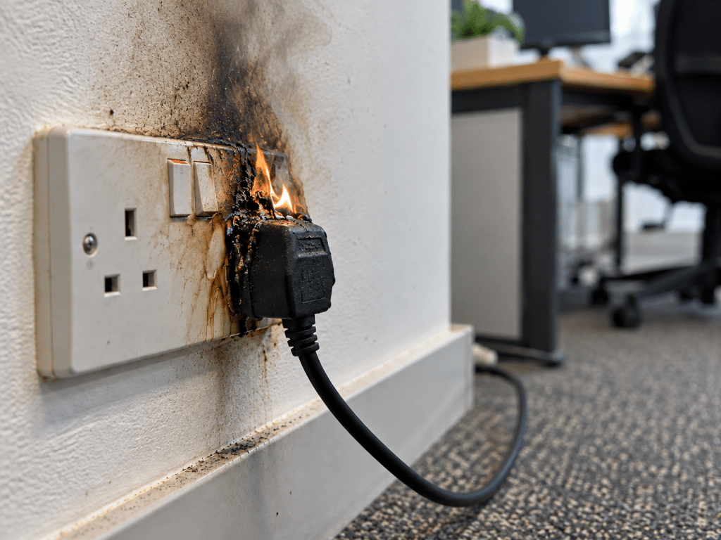 Overheated electrical plug and wall socket with melted plastic, scorch marks and small flames, illustrating the fire risks of faulty electrical appliances.