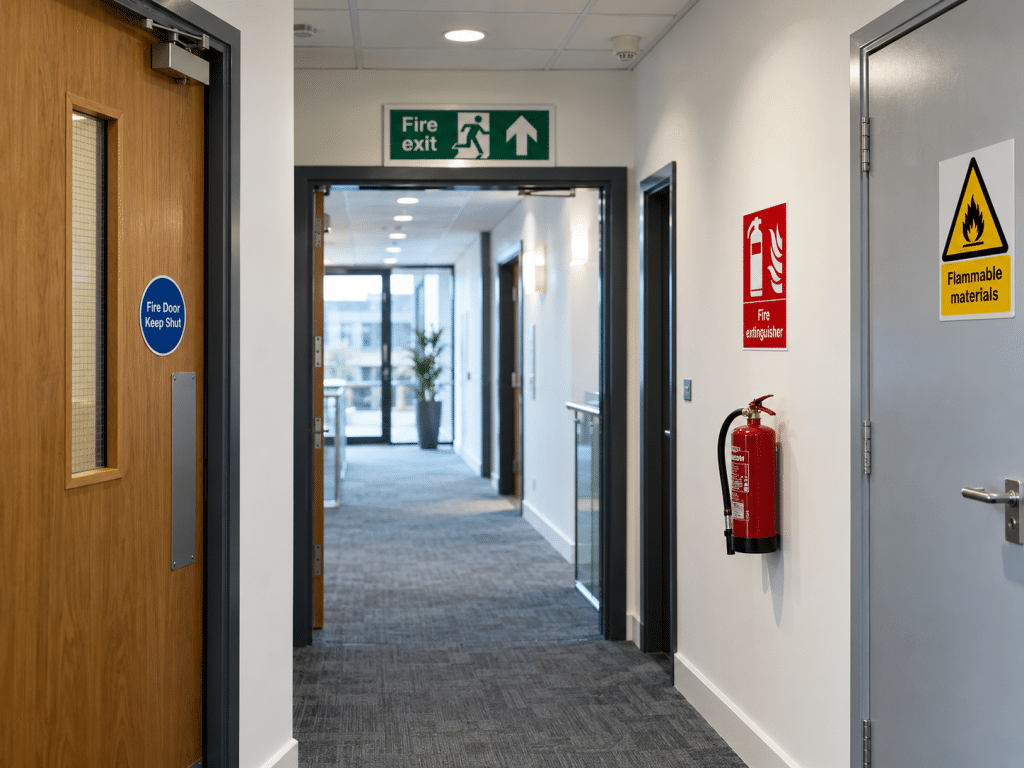 Commercial corridor displaying green fire exit, red fire extinguisher, blue fire door and yellow flammable materials safety signs.