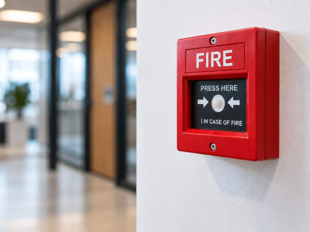 Red manual fire alarm call point mounted on a wall in a modern commercial corridor.