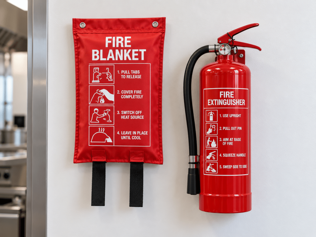 Wall-mounted fire blanket and fire extinguisher displayed side by side, illustrating two common types of fire-fighting equipment and when each may be used.