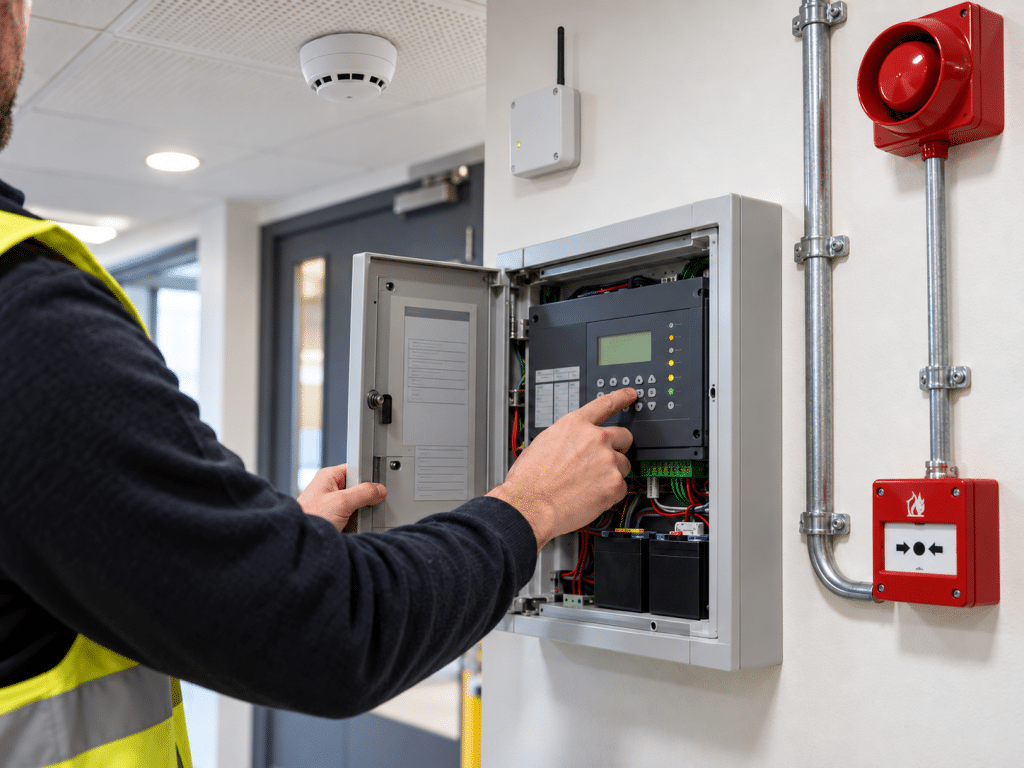 Technician inspecting a commercial fire alarm control panel with wired alarm devices and a wireless detector system visible nearby.