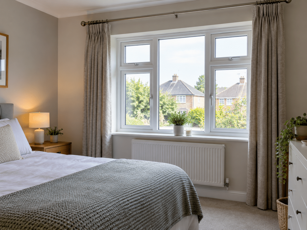Bright bedroom with a large multi-pane window, curtains and an unobstructed view outside, illustrating fire escape window considerations in residential properties.