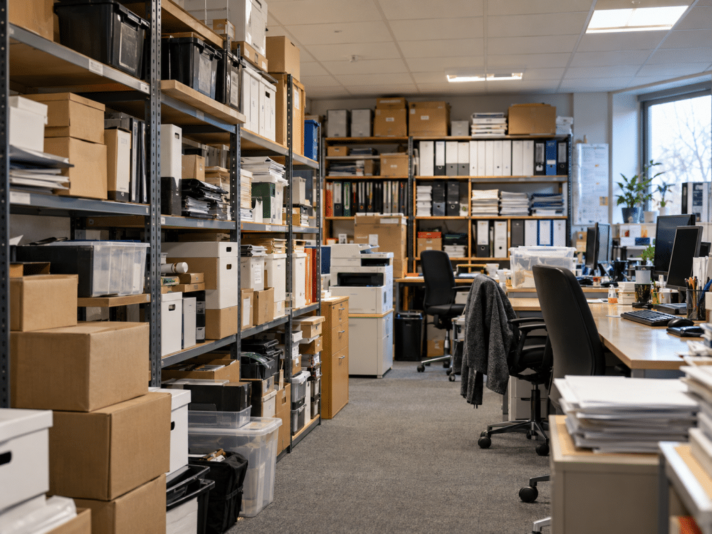 Cluttered office and storage area filled with cardboard boxes, paper files, shelving and office equipment, illustrating how combustible materials can increase a building’s fire load.