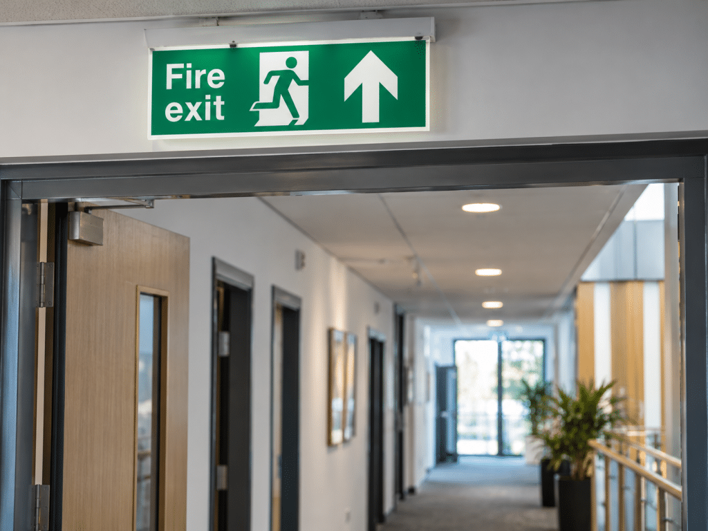 Illuminated fire exit sign above a doorway in a modern commercial corridor, highlighting a clearly marked emergency escape route.