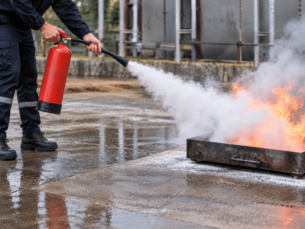 Person using a fire extinguisher to tackle flames in a controlled outdoor fire safety training exercise.
