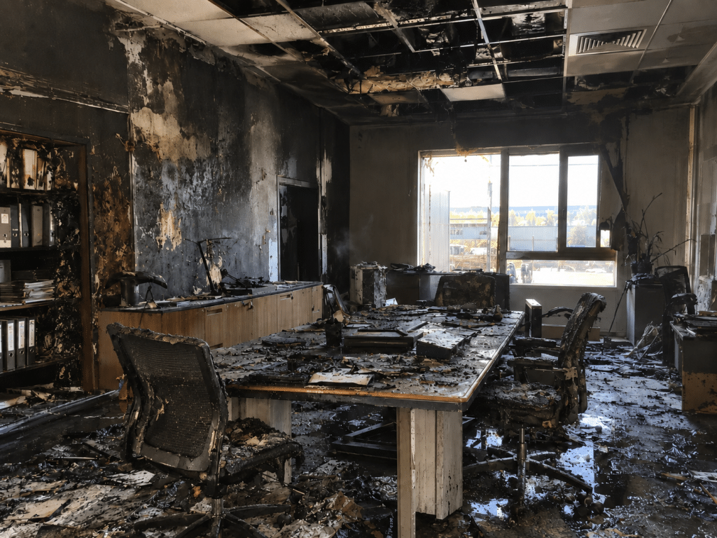 Fire-damaged commercial meeting room with soot-blackened walls, damaged ceiling tiles, burned office furniture and debris covering the floor.