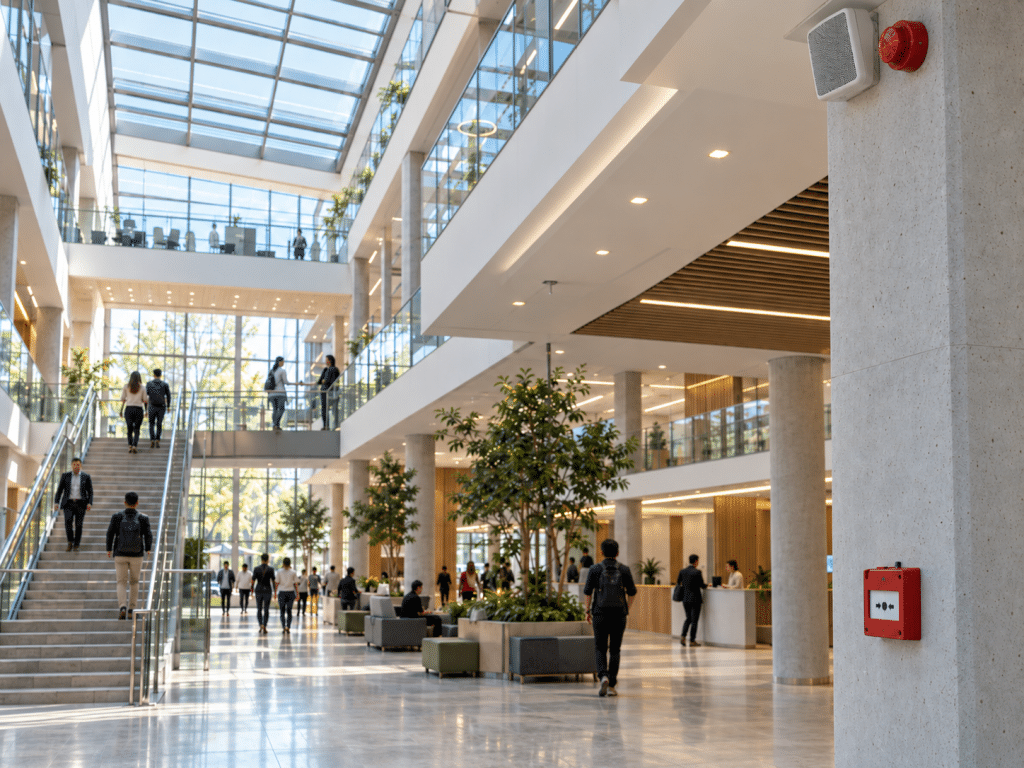 Modern commercial atrium with a high-mounted voice alarm speaker and fire alarm sounder, illustrating voice evacuation systems in large public buildings.