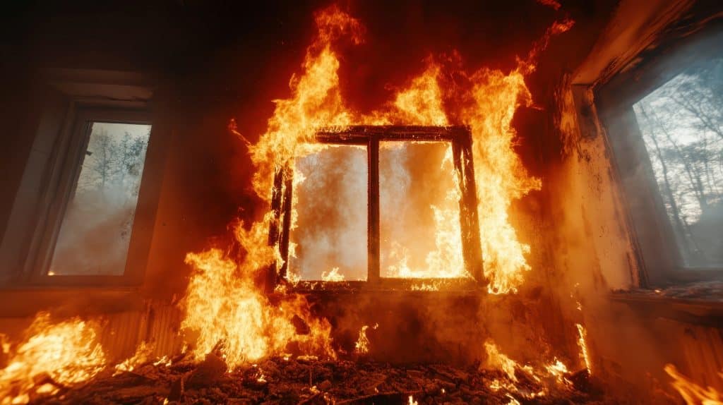 A dramatic display of flames erupting from a burning building, showcasing the collapse of structure and the uncontrollable nature of fire within a detailed environment.