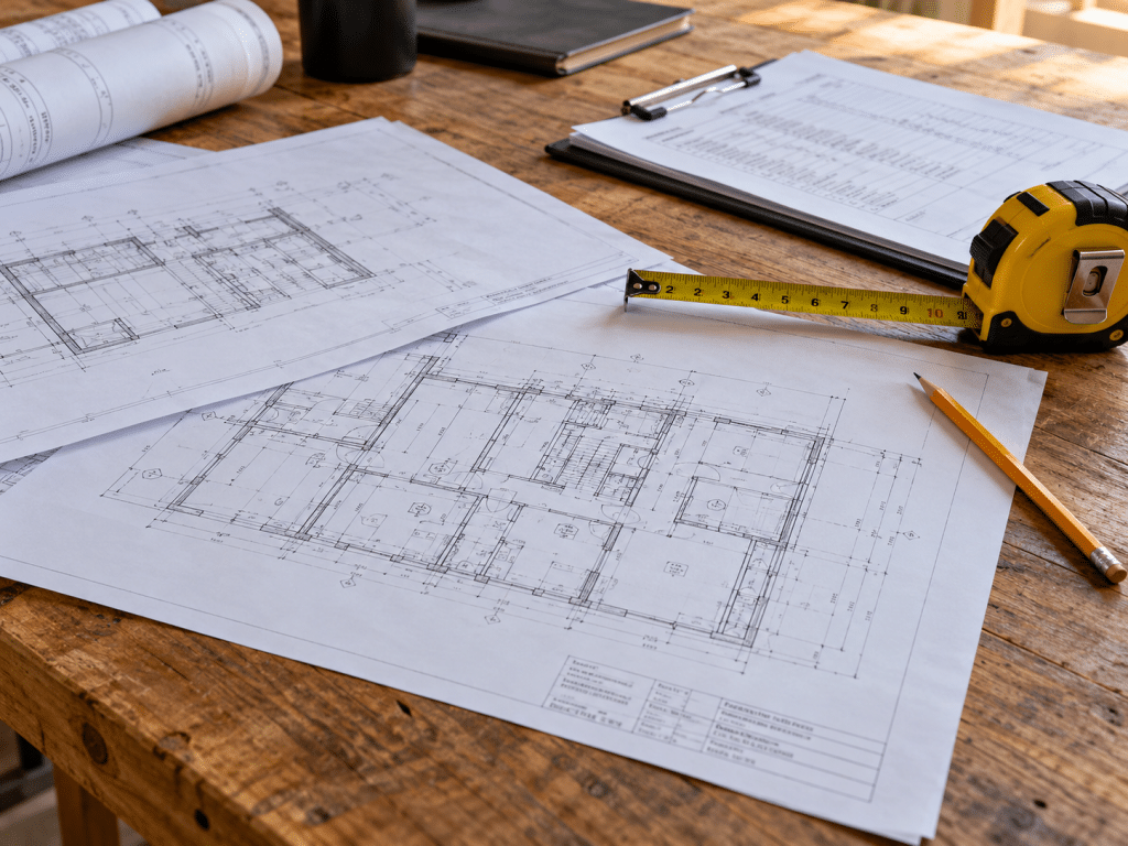 Architectural blueprints spread across a wooden table with a tape measure and pencil, representing planning for retrofit fire-stopping work.