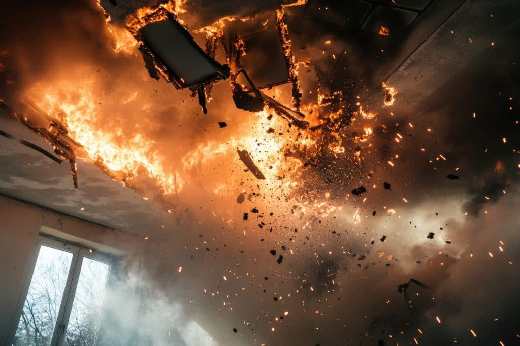 Collapsed ceiling in a house fire creates sparks and intense flames in a residential area.