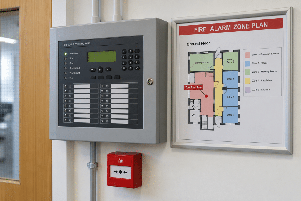 Fire alarm control panel with an adjacent colour-coded zone plan and manual call point mounted on a commercial building wall.