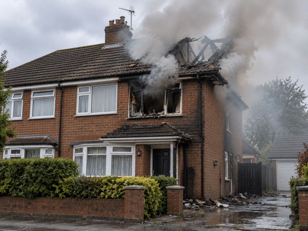 Fire-damaged semi-detached house with smoke rising from a severely damaged upper floor and roof after a major residential fire.