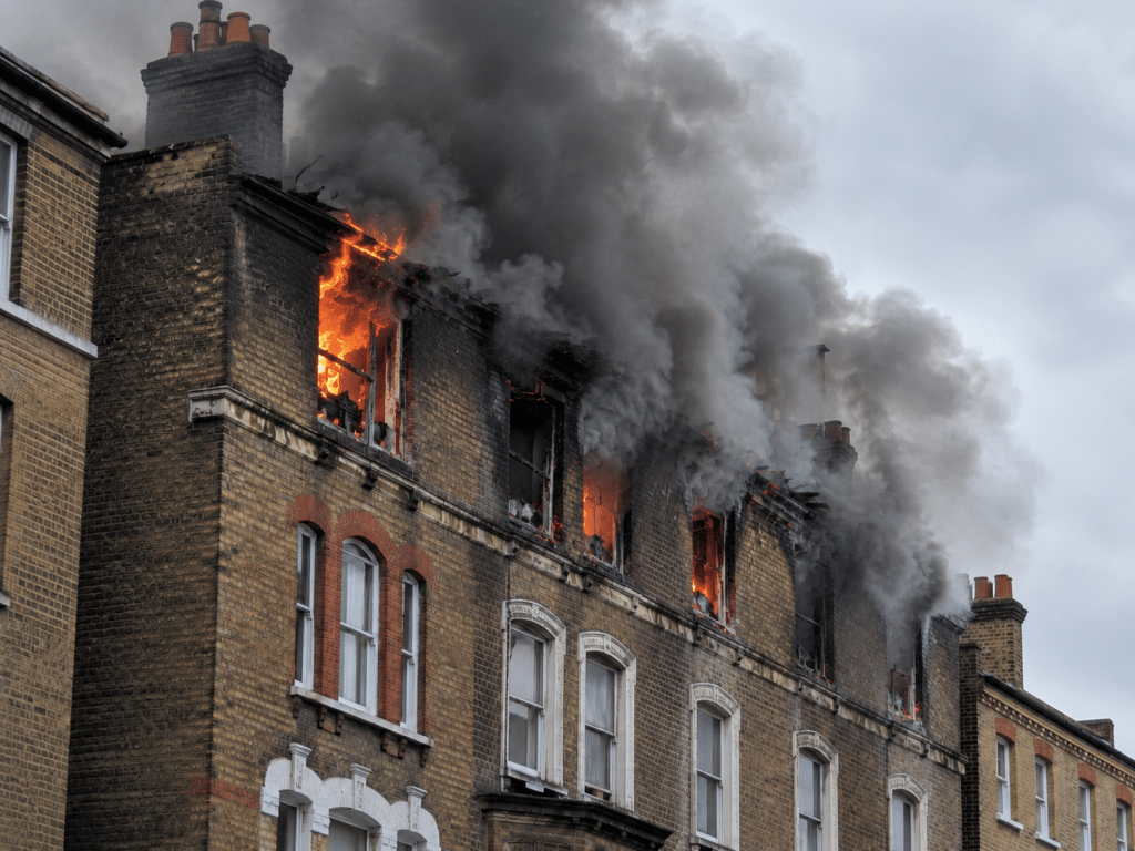 Older brick building with flames and thick smoke spreading from damaged upper-floor windows and the roof during a severe fire.