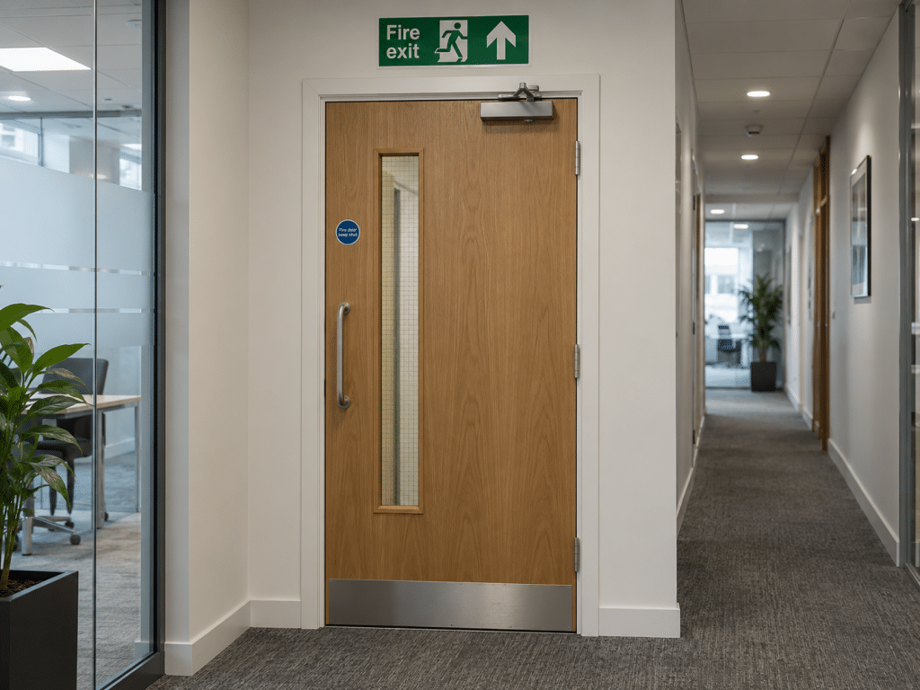Closed timber fire door in a modern office corridor with an overhead door closer, vision panel and clearly marked fire exit sign above.