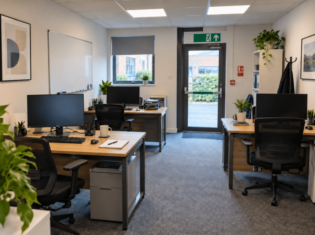 Small office with four desks, computer monitors and a clearly marked fire exit, illustrating fire safety planning for workplaces with fewer than five employees.