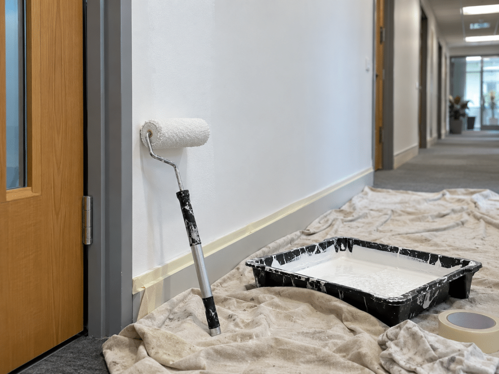 Paint roller and tray beside a freshly painted wall in a commercial corridor, illustrating maintenance work that could affect fire safety components.
