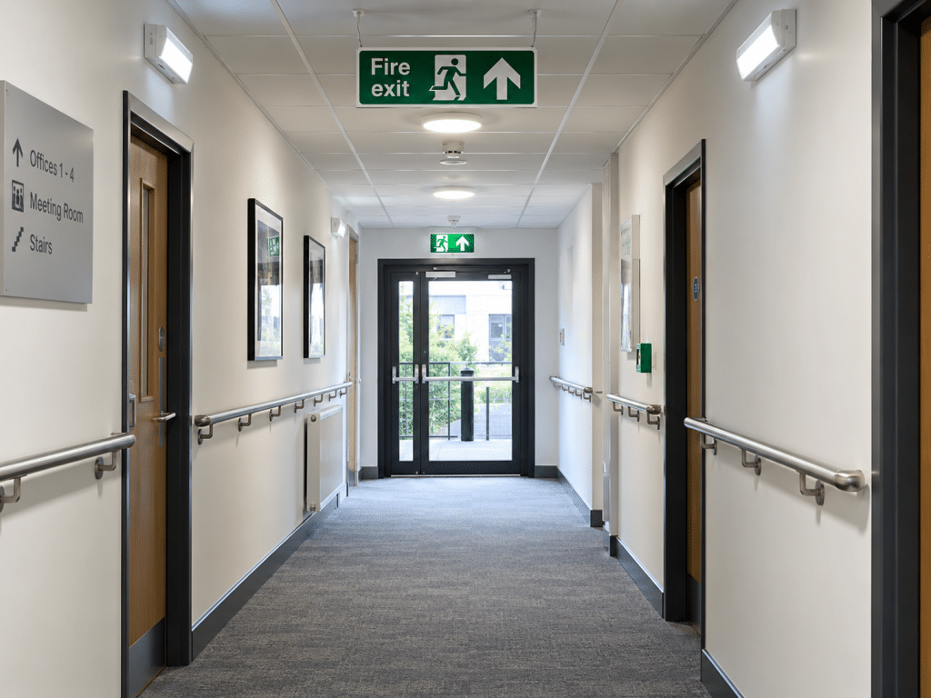 Clear, well-lit workplace escape corridor with handrails, fire exit signage and an unobstructed route leading to the final exit.