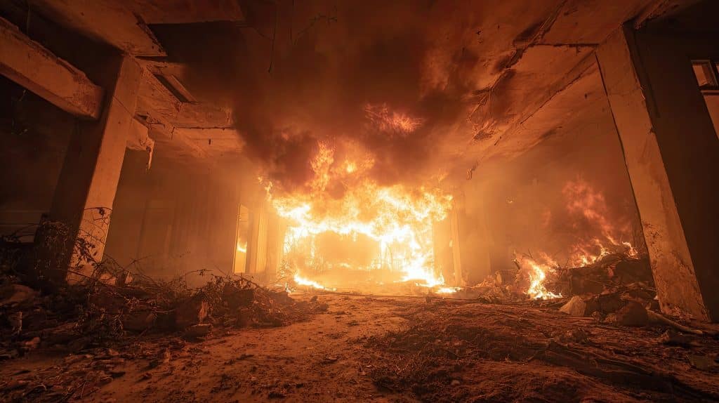 Burning corridor with collapsing ceiling engulfed in bright flames and smoke creating apocalyptic destruction