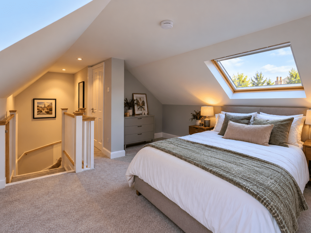 Loft conversion bedroom with a ceiling-mounted smoke alarm, skylight and staircase providing access to the floor below.