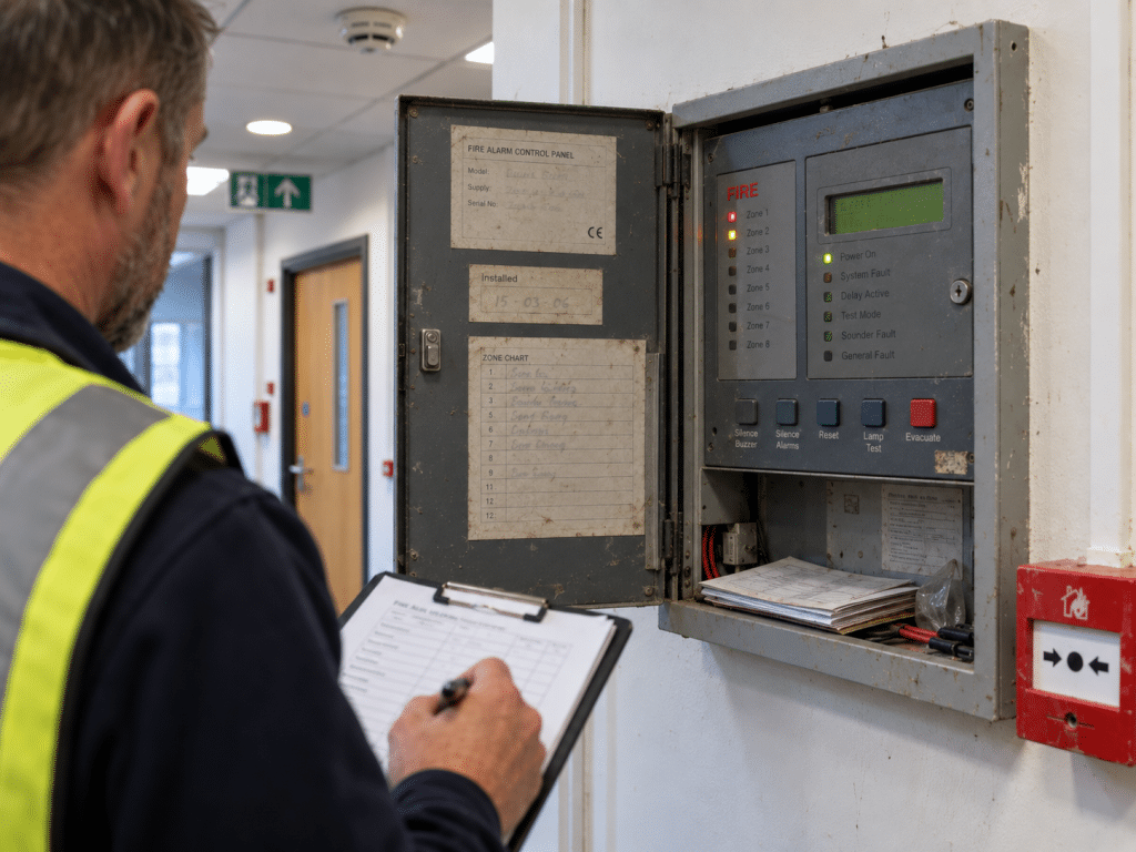 Fire safety engineer inspecting an ageing fire alarm control panel and recording system details on a clipboard in a commercial building.
