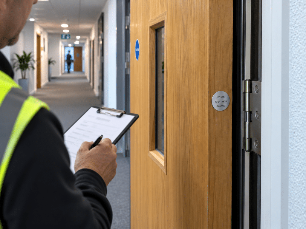 Fire door inspector checking a certified timber fire door and recording details on a clipboard in a modern commercial corridor.