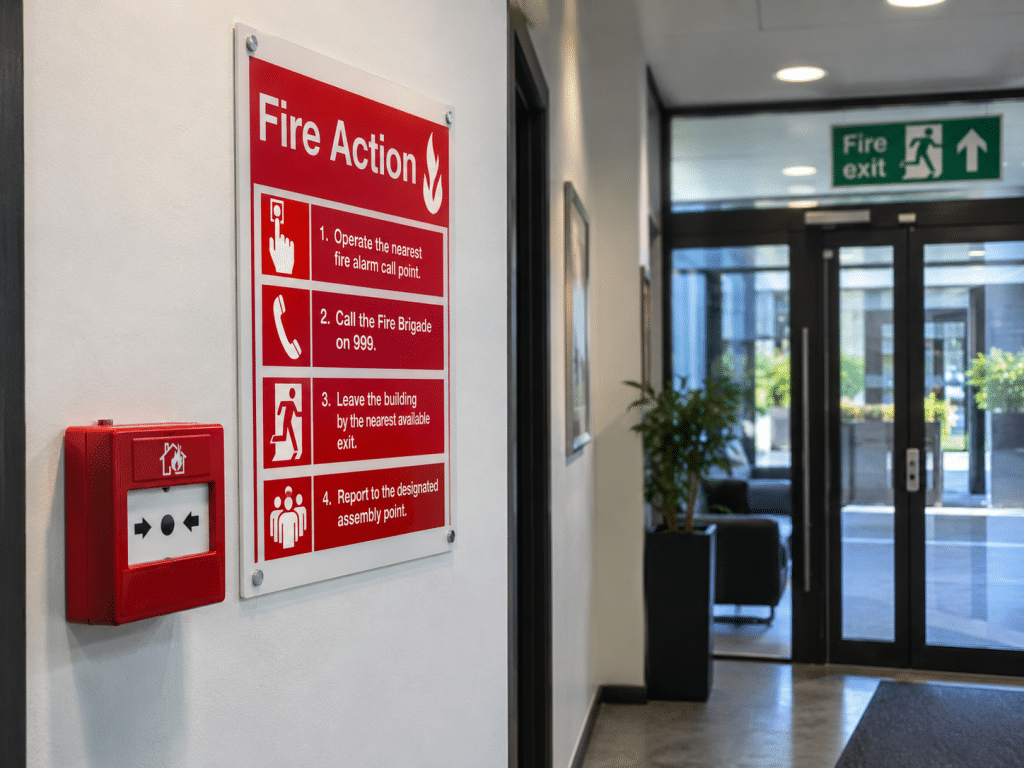 Fire action notice displayed beside a manual fire alarm call point in a modern commercial corridor, with a clearly marked fire exit visible nearby.