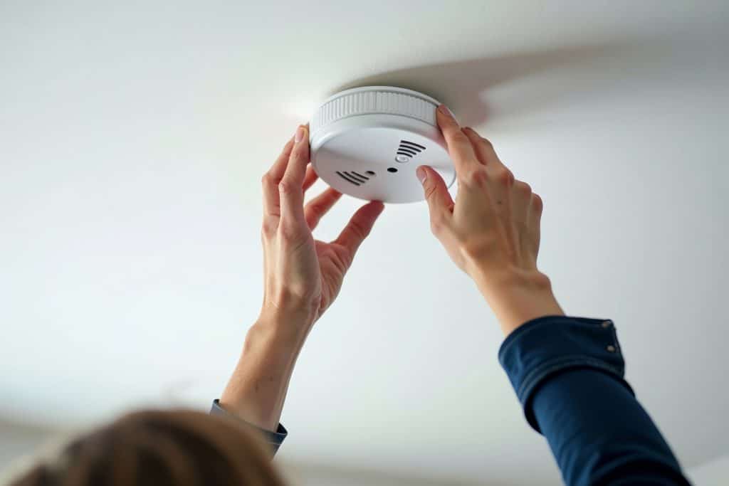 Modern Smoke Detector Positioned by Hand on Ceiling Wall