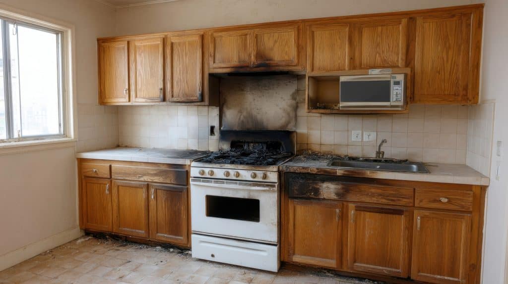 Abandoned kitchen showing severe fire damage with charred cabinets, burnt stove, and discolored walls highlighting the aftermath of a destructive incident