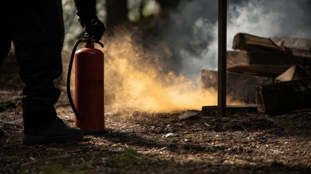 Beautiful photo of fire extinguisher training, a person using a fire extinguisher to put out the flames on an outdoor scene.,A red canister is being used by someone wearing black.