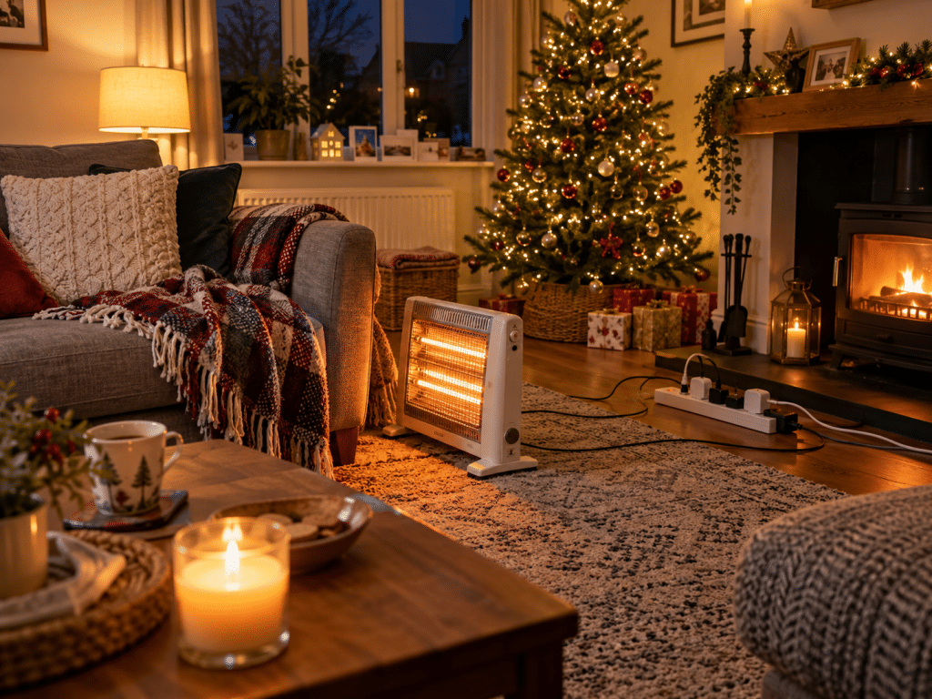 Cosy winter living room with a portable heater, lit candle, plugged-in extension lead, Christmas tree and wood-burning stove, illustrating common seasonal fire hazards.