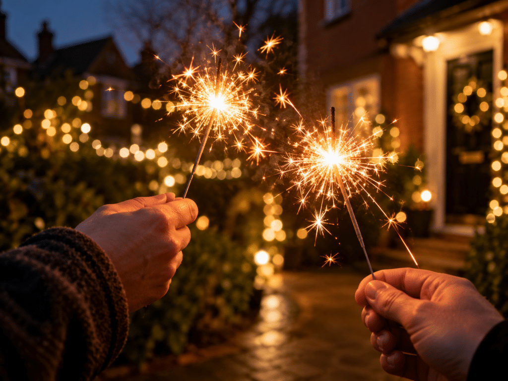 Two people holding lit sparklers outside a UK home decorated with warm festive lights during a New Year celebration.