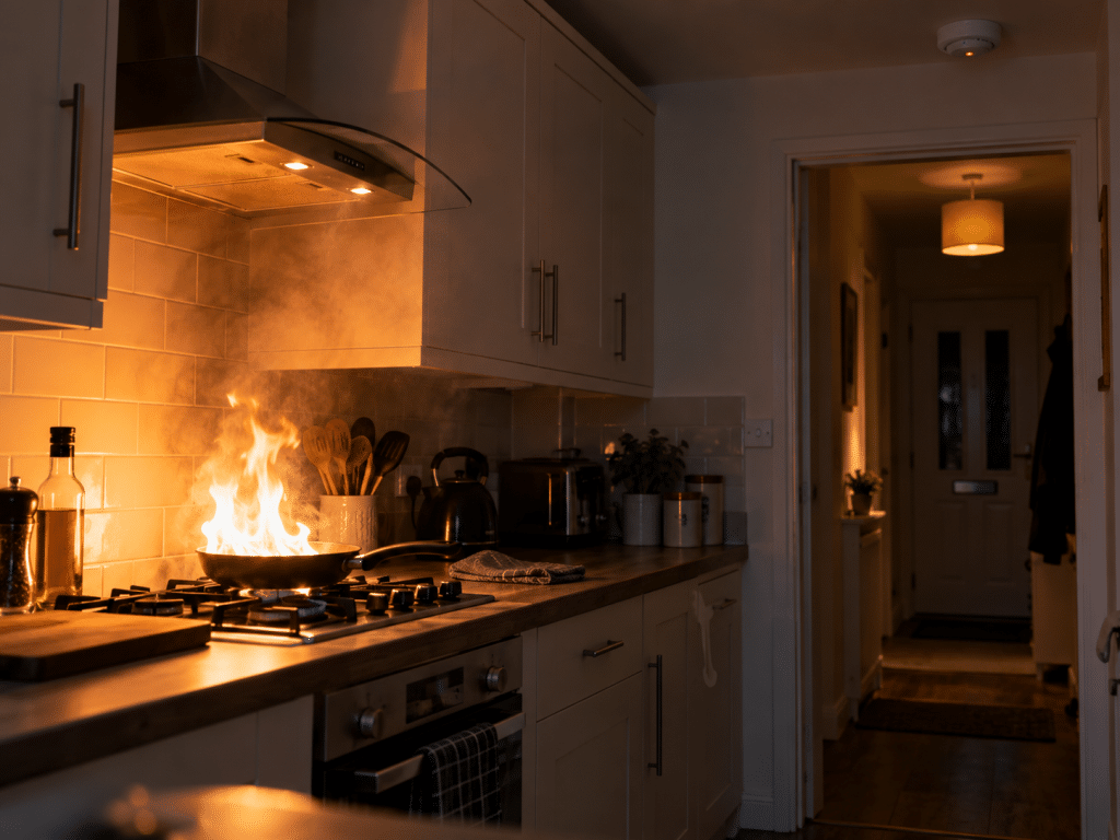 Flames rising from a pan on a kitchen hob in a UK home, illustrating unattended cooking as a common cause of domestic fires.
