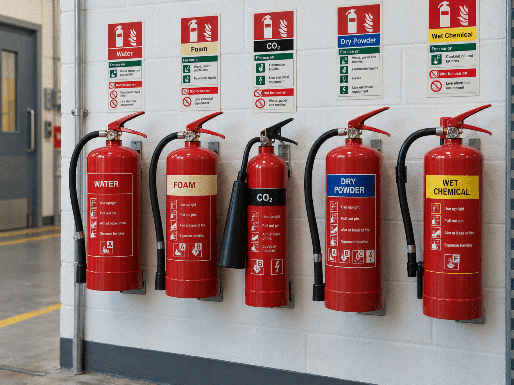 Wall-mounted water, foam, CO₂, dry powder and wet chemical fire extinguishers with identification signs in an industrial setting.