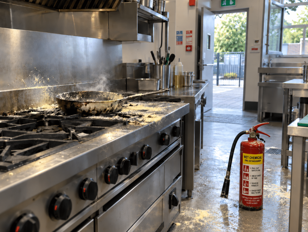 Used wet chemical fire extinguisher beside a commercial cooker, with residue and a scorched pan visible after a small kitchen fire.