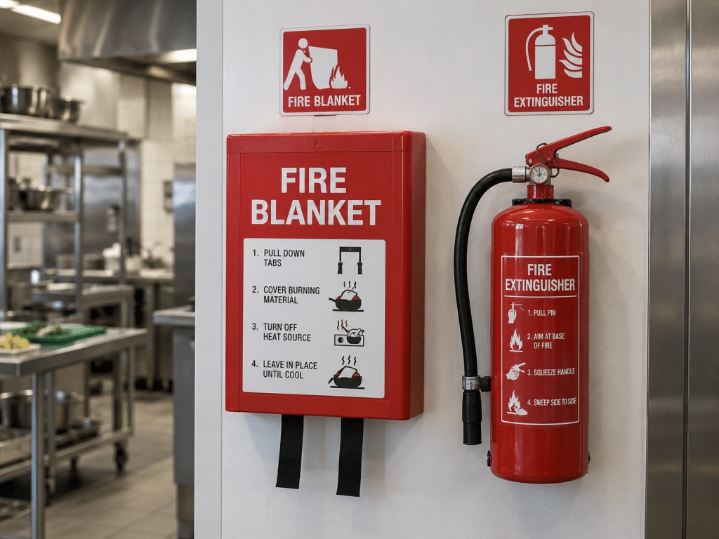 Wall-mounted fire blanket and fire extinguisher with safety instructions in a commercial kitchen.