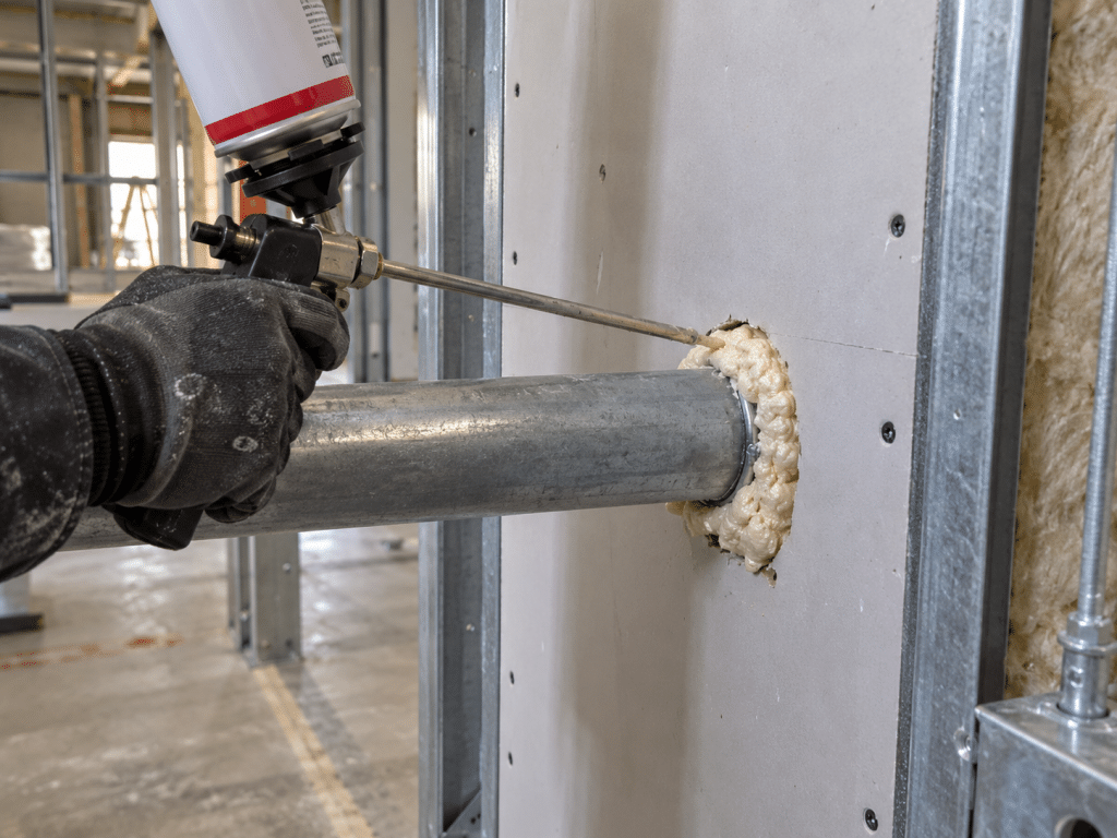 Worker applying fire-rated expanding foam around a metal pipe penetration in a fire-rated wall during construction.