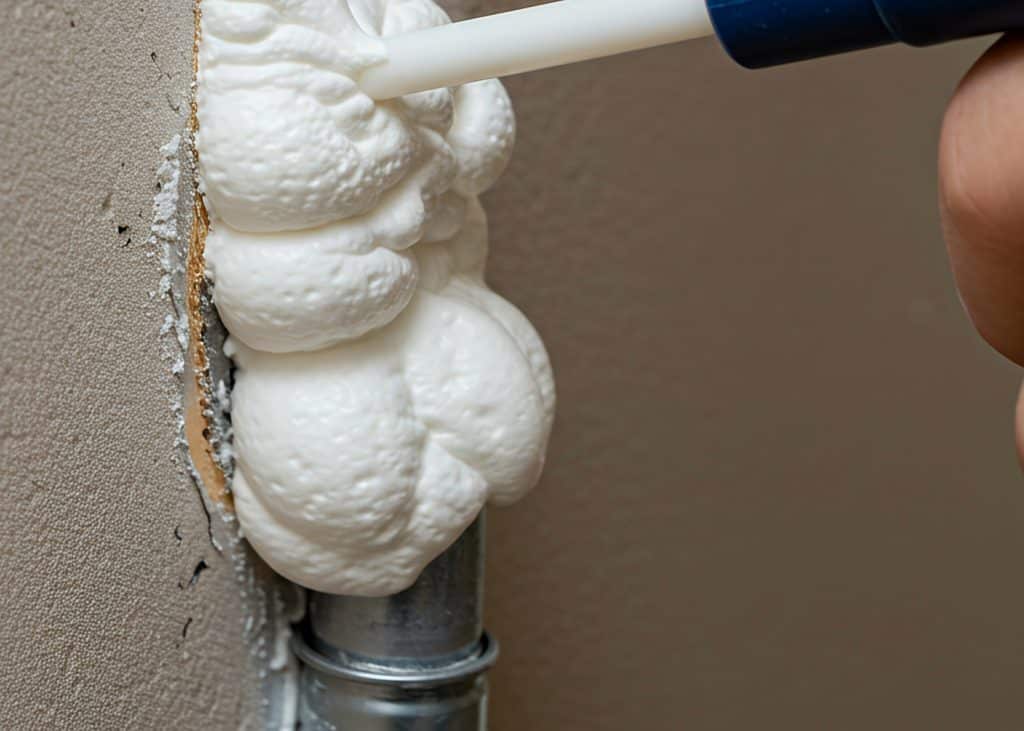 Applying expanding foam sealant around a pipe penetrating a wall for insulation and sealing purposes.