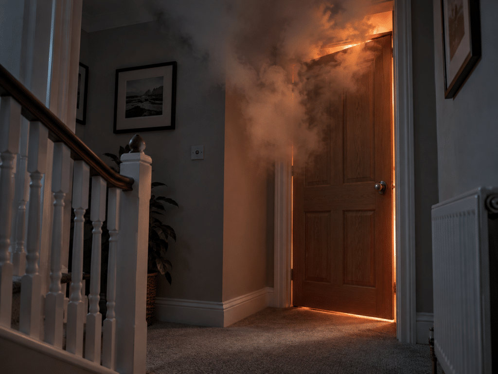 Smoke gathering around a closed fire door in a UK home, illustrating how fire and smoke seals help limit the spread of smoke and heat.