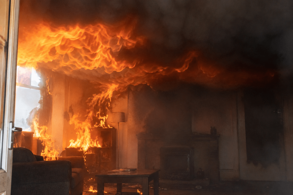 Flames rolling across the ceiling of a smoke-filled living room during developing flashover, with furniture beginning to ignite below.