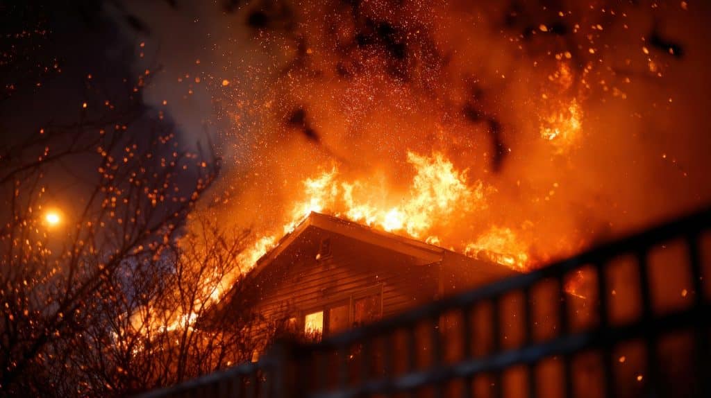 Intense flames engulf a wooden structure during a destructive fire outbreak in the night