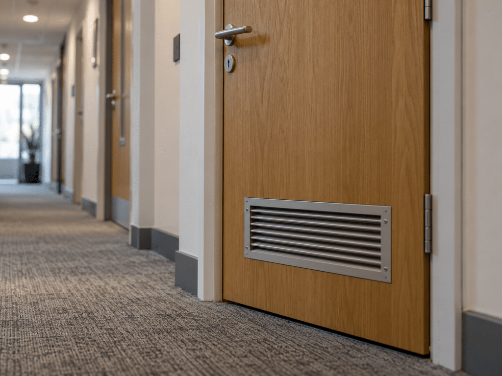 Intumescent fire grille fitted into the lower section of a timber fire door in a modern commercial corridor, allowing ventilation while helping maintain fire protection.