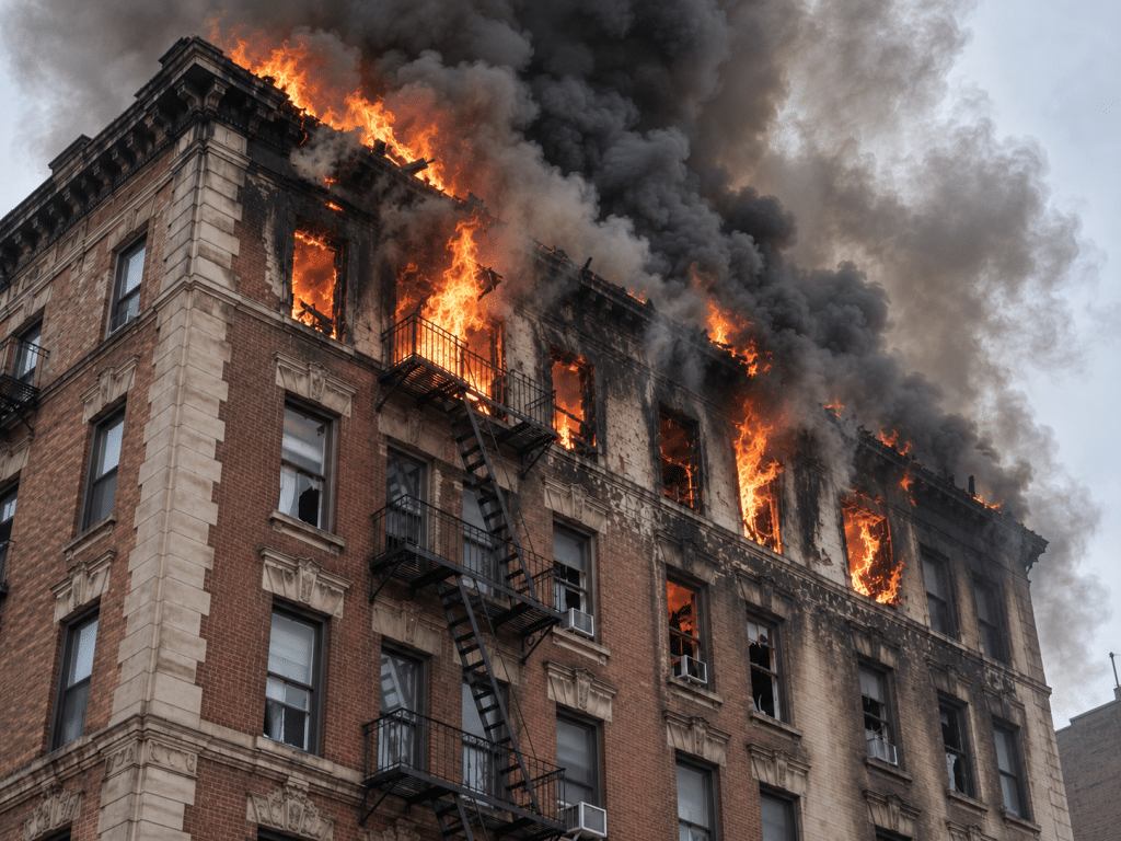 Flames and thick smoke spreading across the upper floors of a multi-storey brick building, with severe fire damage visible around the windows and roofline.