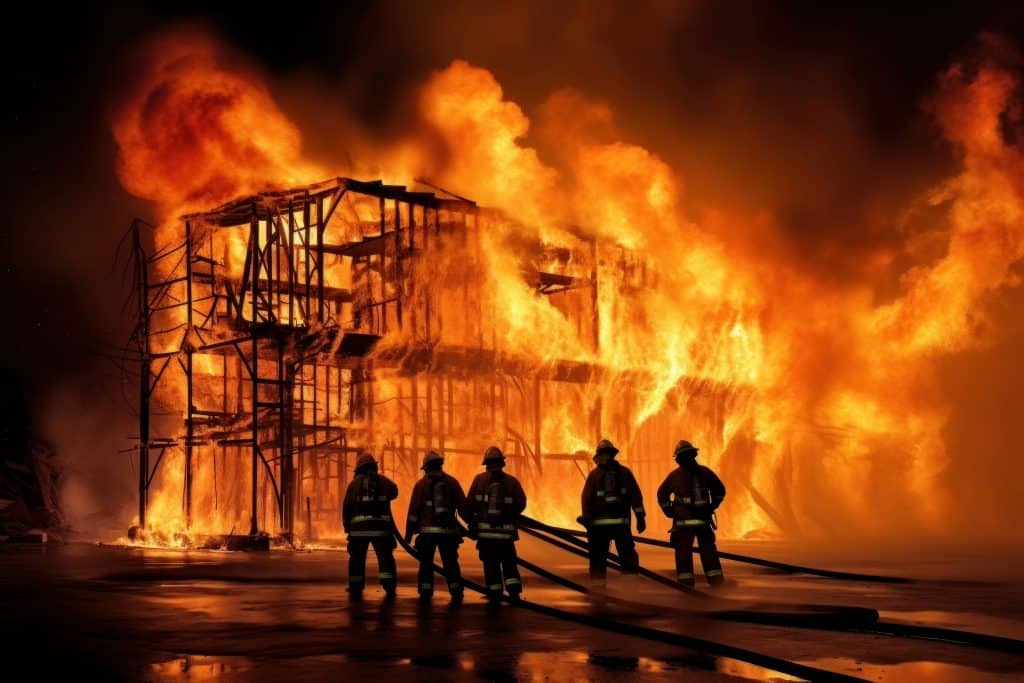 Silhouette of Firefighters with water hose battling flame fire bonfire.