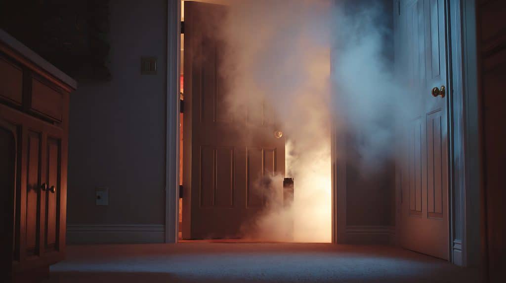 home fire with smoke coming from a burning chamber under the door .