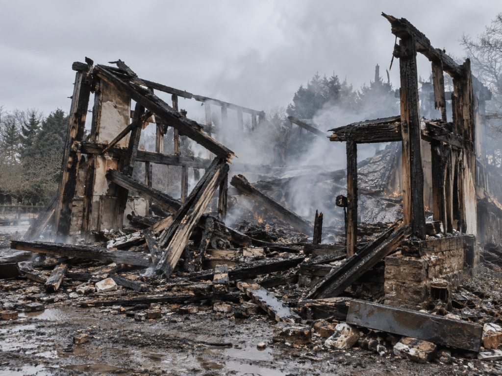 Smouldering remains of a fire-damaged timber frame, with charred beams, collapsed debris and smoke rising from the wet ruins.