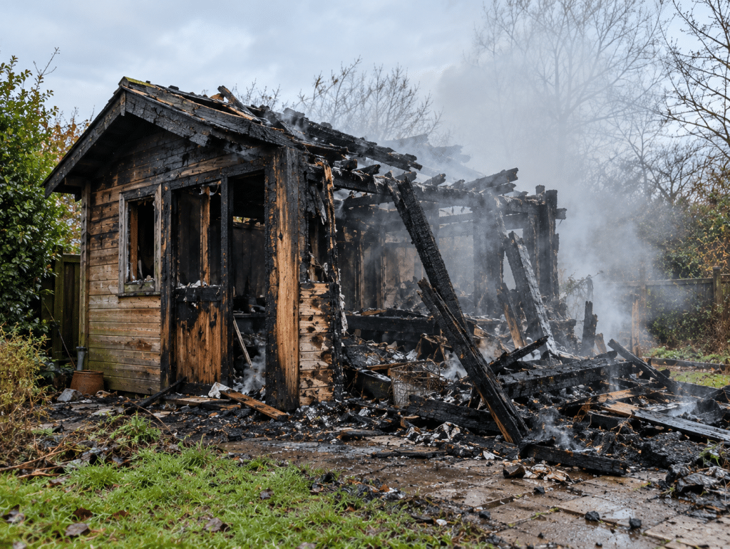 Fire-damaged wooden garden structure with charred timber, collapsed sections and smoke rising from the burned remains.