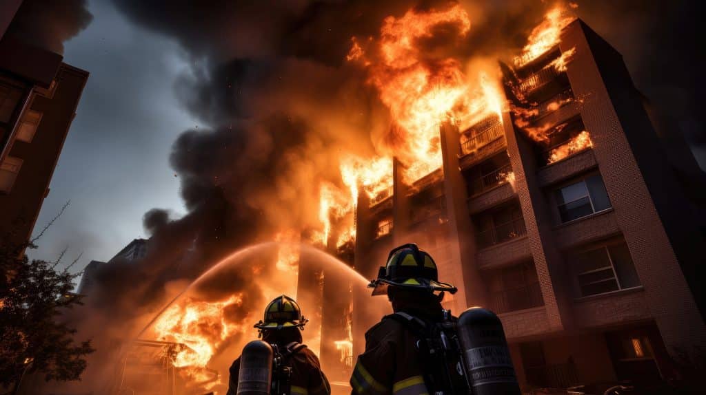 a high-rise building with flames and smoke billowing from its windows, emphasizing the importance of fire safety measures and emergency response protocols.